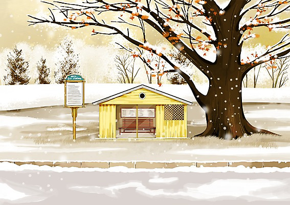 PSD 나무 식물 사계절 계절 백그라운드 겨울 일러스트 알림판 풍경 사람없음 설원 추위 눈 표지판 역 버스정류장 눈내림 겨울배경 국내일러스트 자연요소 교통시설 날씨 눈_날씨 파일형식