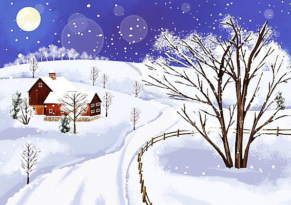 PSD 나무 식물 사계절 계절 백그라운드 겨울 일러스트 주택 풍경 사람없음 건물 울타리 설원 추위 보름달 달 눈 눈내림 겨울배경 국내일러스트 자연요소 건축물 날씨 눈_날씨 담장 파일형식