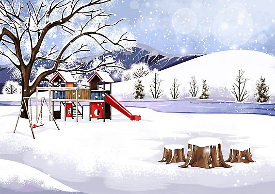 PSD 나무 식물 사계절 계절 백그라운드 겨울 일러스트 풍경 사람없음 설원 추위 눈 미끄럼틀 놀이기구 놀이터 그네 나무기둥 나무밑둥 눈내림 겨울배경 국내일러스트 자연요소 놀이 날씨 눈_날씨 파일형식