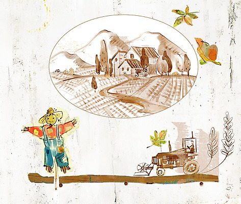 PSD 나무 식물 계절 백그라운드 일러스트 곡류 주택 풍경 사람없음 농사 추수 벼 가을 농촌 시골 농기구 허수아비 경운기 가을배경 국내일러스트 농업 건물 농기계 파일형식 가을_계절