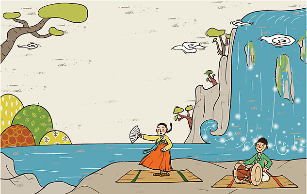 전신 나무 식물 한국문화 한국전통 전통 여자 남자 전통문화 문화 악기 백그라운드 일러스트 타악기 국악기 국악 사람 두명 절벽 폭포 돌_바위 바위 부채 전통의상 한복 즐거움 장구 과거 국내일러스트 AI파일 동양문화 감정 음악 컨셉 자연 한국 파일형식 벡터