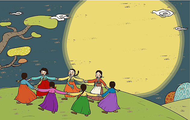 전신 나무 식물 한국문화 한국전통 전통 여자 전통문화 문화 백그라운드 일러스트 서기 사람 여러명 전통놀이 보름달 달 전통의상 한복 즐거움 과거 강강술래 여자만 국내일러스트 AI파일 자연요소 동양문화 감정 다수 컨셉 모션 놀이 한국 파일형식 벡터