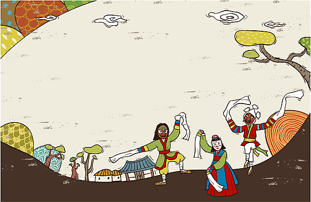 전신 나무 식물 한국문화 한국전통 전통 여자 남자 전통문화 문화 백그라운드 일러스트 주택 초가집 가면 서기 사람 세명 전통놀이 댄서 춤 전통의상 한복 즐거움 탈춤 전통무용 과거 탈 국내일러스트 AI파일 직업 동양문화 감정 컨셉 모션 놀이 문화예술 한옥 한국 건물 전통공연 파일형식 벡터