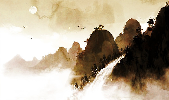 PSD 나무 식물 캘리배경 백그라운드 일러스트 캘리그라피 자연 산 풍경 사람없음 폭포 안개 보름달 달 산등성이 산수화 국내일러스트 자연요소 날씨 동양화 생태계 파일형식