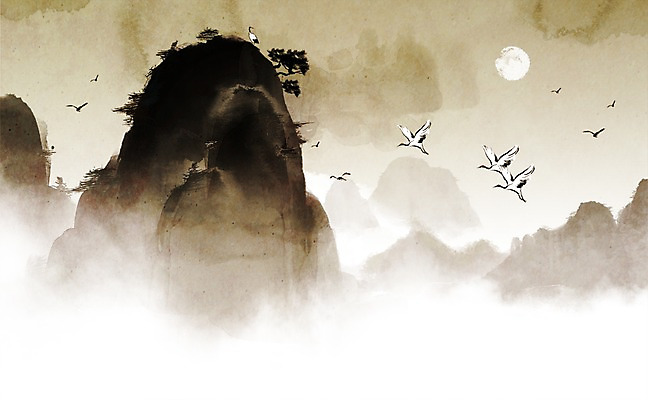 PSD 나무 식물 동물 캘리배경 백그라운드 일러스트 캘리그라피 자연 조류 산 풍경 사람없음 학 안개 보름달 달 산수화 국내일러스트 자연요소 날씨 동양화 생태계 파일형식