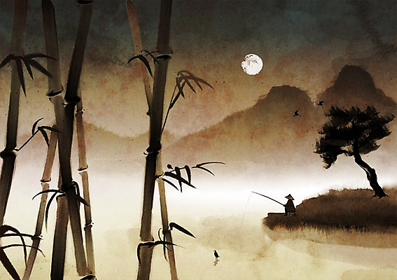 PSD 나무 식물 동물 캘리배경 백그라운드 일러스트 캘리그라피 자연 조류 낚시 산 한명 사람 풍경 보름달 달 낚싯대 대나무 산수화 국내일러스트 자연요소 1 레저 낚시용품 동양화 생태계 파일형식