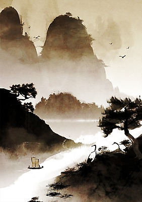 PSD 나무 식물 동물 캘리배경 백그라운드 일러스트 캘리그라피 자연 조류 산 사람 풍경 두명 강 학 산수화 선박 국내일러스트 수상교통 동양화 생태계 파일형식