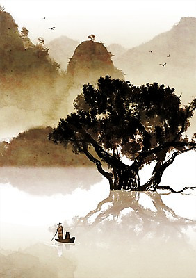 PSD 나무 식물 동물 캘리배경 백그라운드 일러스트 캘리그라피 자연 조류 산 한명 사람 풍경 강 풀 뱃사공 산수화 선박 국내일러스트 1 수상교통 동양화 생태계 파일형식