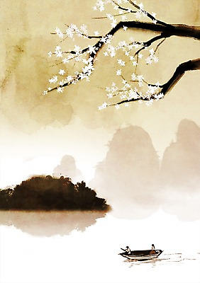 PSD 나무 식물 꽃 섬 캘리배경 백그라운드 일러스트 캘리그라피 자연 산 사람 풍경 두명 강 안개 나룻배 산수화 선박 국내일러스트 수상교통 배_교통 날씨 동양화 생태계 파일형식