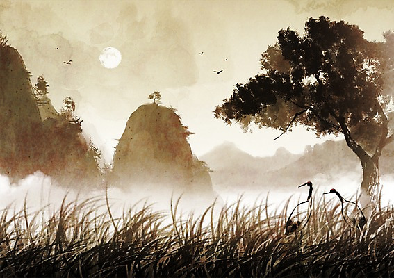 PSD 나무 식물 동물 캘리배경 백그라운드 일러스트 캘리그라피 자연 조류 산 풍경 사람없음 학 안개 보름달 달 풀 산수화 국내일러스트 자연요소 날씨 동양화 생태계 파일형식