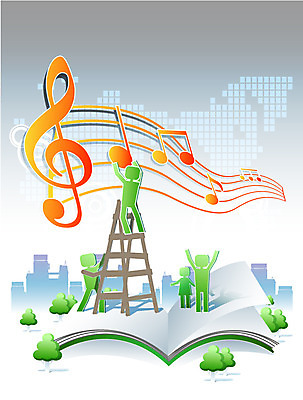 나무 식물 음악 음표 일러스트 사다리 함께함 사람 빌딩 여러명 건물 책 공책 도움 사회 높은음자리표 오선지 더불어사는사회 소통 국내일러스트 AI파일 건축물 기호 다수 컨셉 문화예술 문구용품 도구 악보 공동체 오선 파일형식 벡터