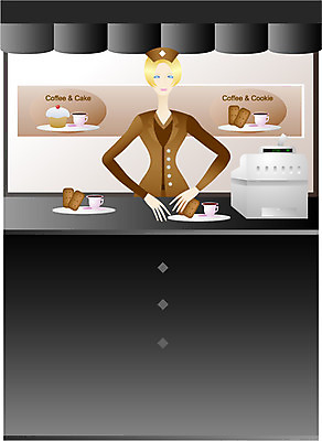 EPS 직업 여자 산업 커피 유니폼 일러스트 한명 사람 20대 성인 쿠키 과자 상점 카페 서비스업 계산대 판매원 계산원 여자만 여자한명만 성인여자만 청년만 청년여자만 성인한명만 청년여자한명만 성인여자한명만 성인만 국내일러스트 1 옷 음료 디저트 청년 파일형식 벡터