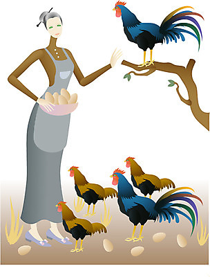 EPS 동물 직업 척추동물 여자 농업 일러스트 조류 사람 농장 계란 알 가축 닭 축산업 농부 주부 낙농업 여자만 국내일러스트 산업 파일형식 벡터