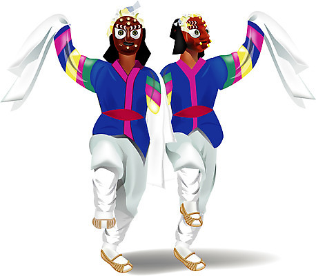 EPS 한국문화 한국전통 전통 남자 일러스트 사람 두명 전통놀이 공연 전통의상 한복 전통공연 탈춤 전통무용 탈 산대놀이 봉산 남자만 국내일러스트 동양문화 놀이 한국 가면 이벤트 춤 파일형식 벡터