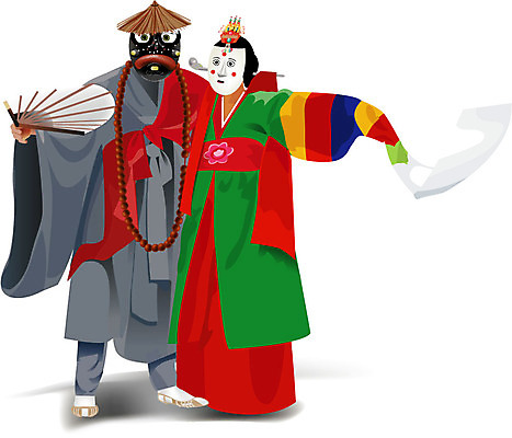 EPS 한국문화 한국전통 전통 여자 남자 일러스트 사람 두명 전통놀이 공연 전통의상 한복 전통공연 탈춤 전통무용 탈 중 각시 산대놀이 봉산 국내일러스트 동양문화 놀이 한국 가면 이벤트 춤 파일형식 벡터