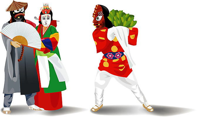 EPS 한국문화 한국전통 전통 여자 남자 일러스트 사람 세명 전통놀이 공연 부채 전통의상 한복 전통공연 탈춤 전통무용 탈 중 각시 산대놀이 봉산 국내일러스트 동양문화 놀이 한국 가면 이벤트 춤 파일형식 벡터