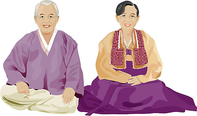 EPS 전신 한국전통 전통 옷 여자 할아버지 노년 남자 할머니 일러스트 새해 사람 앉기 두명 노부부 실버 전통의상 한복 정통 노인만 성인만 국내일러스트 부부 모션 한국 성인 파일형식 벡터