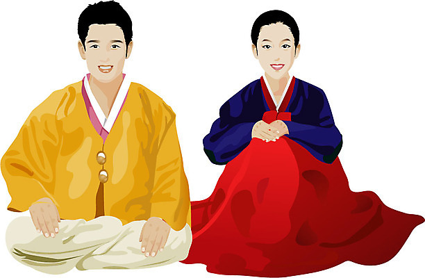 EPS 전신 한국전통 전통 부부 커플 옷 여자 남자 일러스트 새해 사랑 사람 앉기 청년 두명 인사 전통의상 한복 정통 청년만 성인만 국내일러스트 감정 관계 모션 한국 성인 예절 파일형식 벡터