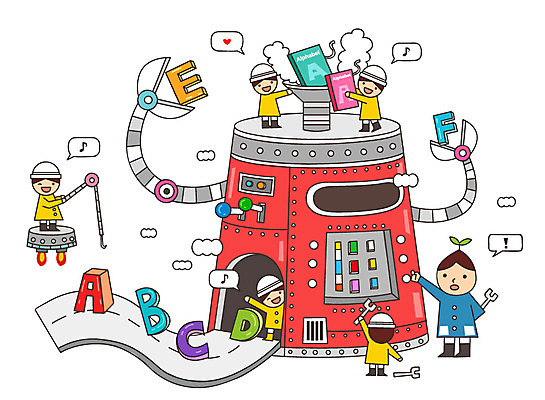 알파벳 영어 어린이 일러스트 공장 상상 영어교육 미소 웃음 사람 여러명 책 판타지 유치원생 꿈 분석 과정 복잡 국내일러스트 AI파일 문자 교육 다수 컨셉 공업 표정 파일형식 벡터