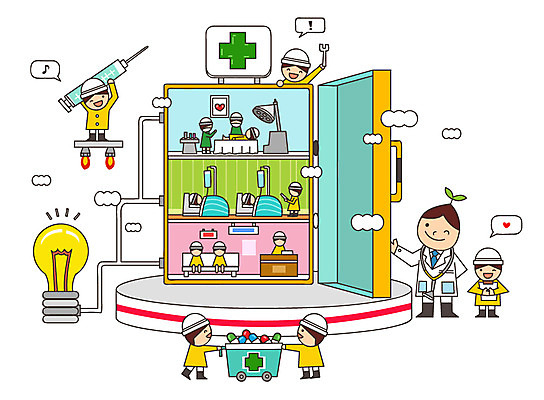 어린이 십자가 일러스트 전구 공장 상상 조명 병원 주사기 미소 웃음 사람 여러명 판타지 알약 약 유치원생 꿈 환자 의사 수술 분석 과정 녹십자 복잡 입원 국내일러스트 AI파일 다수 컨셉 공업 의학 의료기기 표정 치료 의료진 십자 파일형식 벡터
