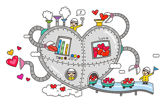 어린이 일러스트 공장 상상 집게 사랑 미소 웃음 사람 여러명 판타지 유치원생 꿈 하트 분석 과정 복잡 국내일러스트 AI파일 모양 감정 다수 컨셉 공업 표정 파일형식 벡터