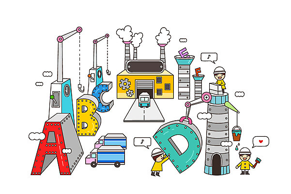 알파벳 영어 어린이 일러스트 공장 상상 영어교육 미소 웃음 사람 여러명 책 판타지 유치원생 꿈 분석 과정 복잡 국내일러스트 AI파일 문자 교육 다수 컨셉 공업 표정 파일형식 벡터