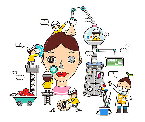 어린이 일러스트 공장 상상 주사기 미소 웃음 사람 여러명 판타지 유치원생 꿈 의사 입 성형수술 분석 입술 코 성형외과 과정 복잡 안구 국내일러스트 AI파일 다수 컨셉 공업 의료기기 표정 병원 신체부위 의료진 수술 파일형식 벡터