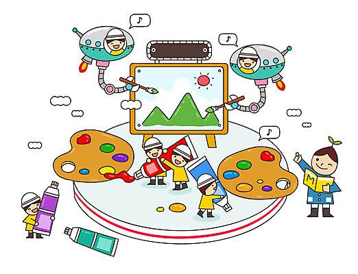 어린이 일러스트 공장 상상 미술 미소 웃음 사람 여러명 판타지 물감 유치원생 꿈 붓 그리기 팔레트 분석 그림 과정 복잡 국내일러스트 AI파일 다수 컨셉 공업 모션 문화예술 표정 미술도구 파일형식 벡터