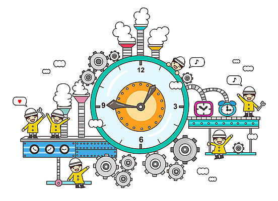 어린이 시계 일러스트 공장 상상 미소 웃음 사람 여러명 판타지 유치원생 꿈 자명종 알람 시간 바퀴 분석 톱니바퀴 과정 복잡 국내일러스트 AI파일 다수 컨셉 공업 표정 파일형식 벡터