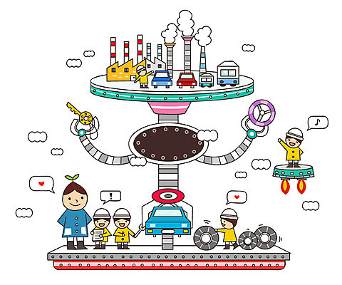 어린이 교통수단 교통 일러스트 공장 상상 자동차 열쇠 미소 웃음 사람 여러명 판타지 유치원생 꿈 바퀴 핸들 분석 타이어 과정 복잡 국내일러스트 AI파일 육상교통 다수 컨셉 공업 표정 파일형식 벡터