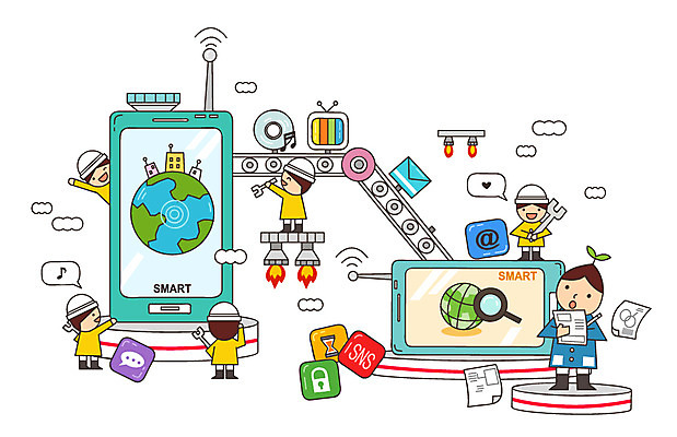 지구 어린이 일러스트 공장 상상 모바일 무선통신 미소 웃음 사람 여러명 스마트폰 핸드폰 판타지 통신기기 유치원생 꿈 전화기 분석 통화 과정 복잡 국내일러스트 AI파일 다수 컨셉 통신 공업 모션 표정 전자제품 스마트기기 기계 파일형식 벡터