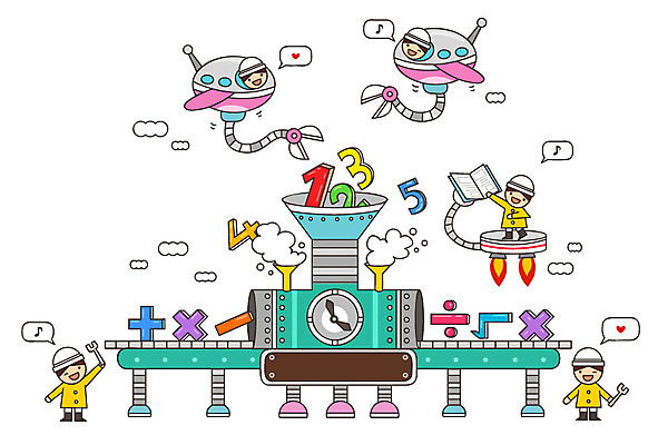 교육 어린이 일러스트 공장 상상 미소 웃음 사람 여러명 판타지 숫자 유치원생 꿈 분석 수학교육 숫자공부 과정 복잡 국내일러스트 AI파일 문자 다수 컨셉 공업 표정 학습 수학 파일형식 벡터