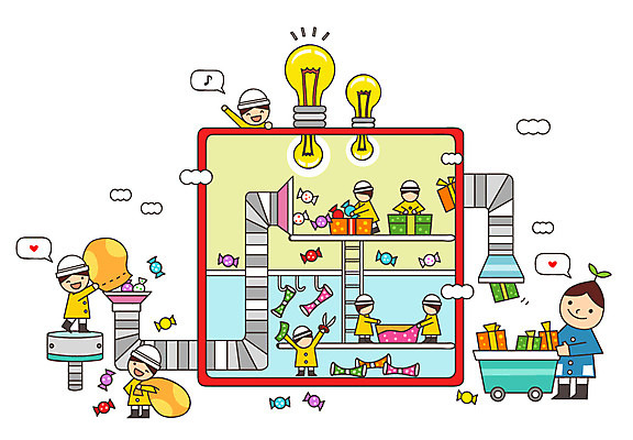 어린이 일러스트 전구 공장 상상 조명 사탕 선물 미소 웃음 사람 여러명 선물상자 판타지 유치원생 꿈 분석 보따리 과정 복잡 국내일러스트 AI파일 다수 컨셉 공업 디저트 표정 상자 파일형식 벡터