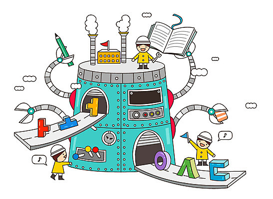 교육 어린이 일러스트 공장 상상 미소 웃음 사람 여러명 한글 책 단어 판타지 유치원생 꿈 분석 한글교육 과정 복잡 국내일러스트 AI파일 문자 다수 컨셉 공업 표정 파일형식 벡터