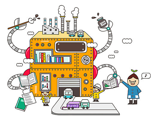 어린이 교통수단 교통 일러스트 공장 상상 자동차 집게 미소 웃음 사람 여러명 책 판타지 유치원생 꿈 분석 과정 복잡 국내일러스트 AI파일 육상교통 다수 컨셉 공업 표정 파일형식 벡터