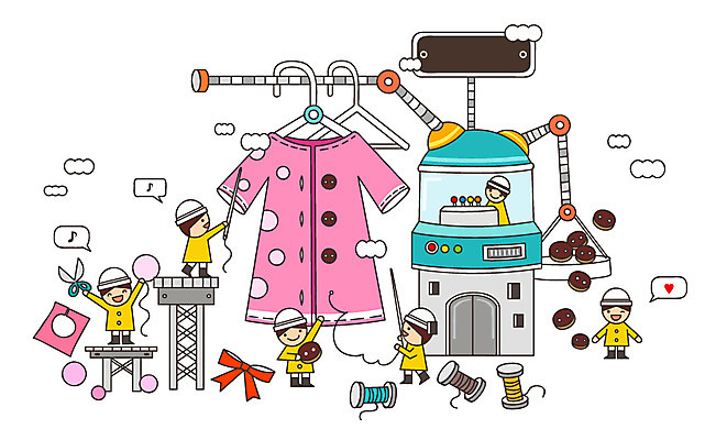 디자인 옷 리본 어린이 일러스트 공장 상상 단추 가위 미소 웃음 사람 여러명 판타지 유치원생 꿈 바늘 실 옷걸이 천 분석 과정 복잡 국내일러스트 AI파일 다수 컨셉 공업 문구용품 표정 도구 직물 파일형식 벡터