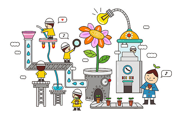 식물 꽃 화분 어린이 일러스트 전구 공장 상상 조명 미소 웃음 사람 여러명 판타지 유치원생 꿈 분석 과정 복잡 국내일러스트 AI파일 다수 컨셉 공업 표정 파일형식 벡터