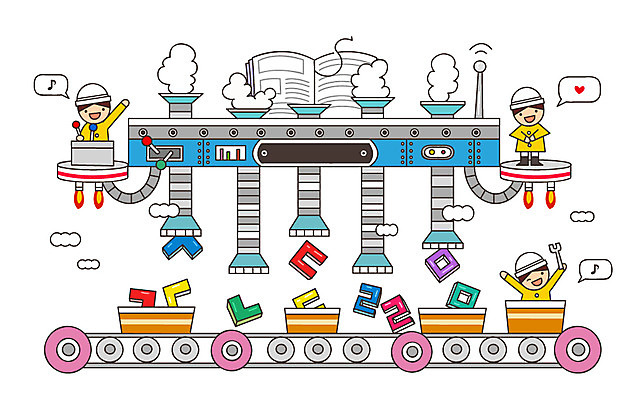 교육 어린이 일러스트 공장 상상 미소 웃음 사람 여러명 한글 책 단어 판타지 유치원생 꿈 분석 한글교육 과정 복잡 국내일러스트 AI파일 문자 다수 컨셉 공업 표정 파일형식 벡터