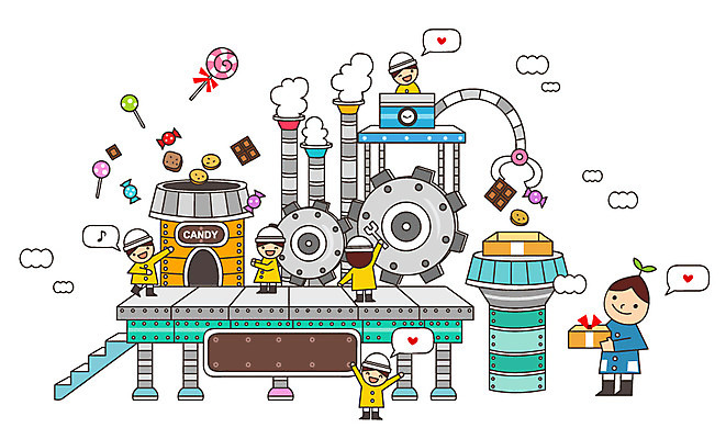 어린이 일러스트 공장 상상 디저트 막대사탕 사탕 선물 미소 웃음 사람 여러명 선물상자 판타지 과자 초콜릿 유치원생 꿈 분석 과정 복잡 국내일러스트 AI파일 음식 다수 컨셉 공업 표정 상자 파일형식 벡터