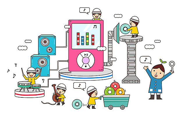 어린이 악기 음악 음향기기 일러스트 공장 상상 타악기 미소 웃음 사람 여러명 전자제품 판타지 스피커 수레 유치원생 꿈 CD MP3 분석 드럼 과정 복잡 국내일러스트 AI파일 다수 컨셉 공업 문화예술 표정 카트 파일형식 벡터