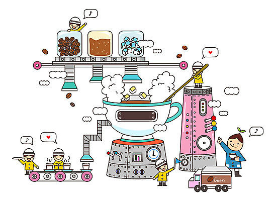 커피 어린이 교통수단 교통 일러스트 공장 상상 자동차 잔 콩 미소 웃음 사람 여러명 컵 판타지 기계 유치원생 꿈 트럭 원두 커피잔 설탕 각설탕 분석 과정 복잡 국내일러스트 AI파일 식기 음료 육상교통 다수 컨셉 공업 곡류 표정 파일형식 벡터