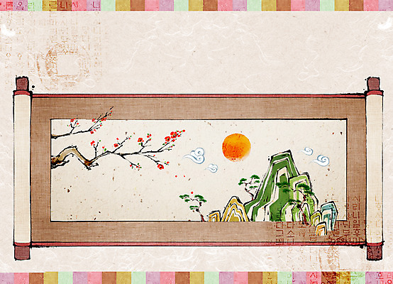 PSD 나무 식물 꽃 백그라운드 일러스트 새해 산 사람없음 태양 소나무 두루마리 매화 족자 사군자 국내일러스트 자연요소 동양화 파일형식