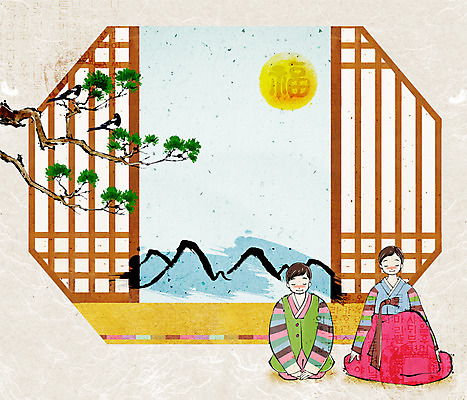 전신 PSD 나무 식물 동물 여자 명절 남자 어린이 백그라운드 일러스트 조류 새해 산 미소 웃음 사람 앉기 소녀 소년 두명 설날 문 한자 새해인사 보름달 달 인사 소나무 전통의상 한복 문살 어린이만 국내일러스트 자연요소 문자 한국전통 전통 기념일 모션 표정 예절 파일형식