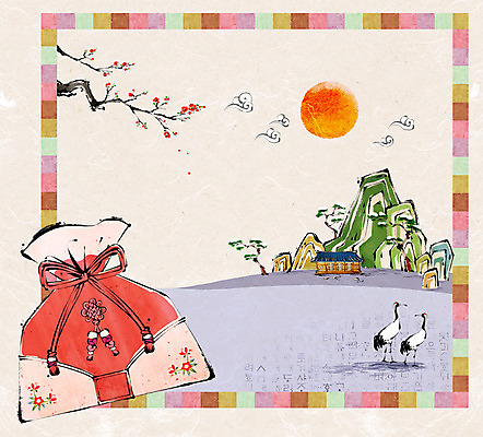 PSD 나무 식물 동물 백그라운드 일러스트 조류 새해 산 주택 복주머니 기와집 사람없음 태양 소나무 주머니 국내일러스트 자연요소 한옥 전통소품 건물 파일형식