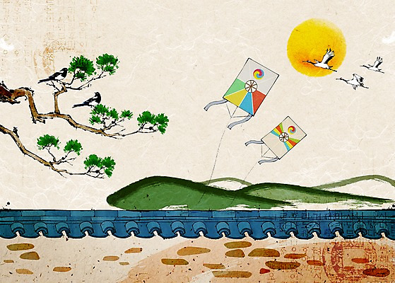 PSD 나무 식물 동물 백그라운드 일러스트 조류 새해 산 기와 사람없음 담장 보름달 달 소나무 연 연날리기 방패연 국내일러스트 자연요소 놀이용품 전통놀이 파일형식