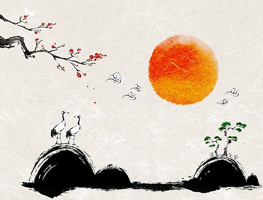 PSD 나무 식물 동물 꽃 백그라운드 일러스트 조류 새해 사람없음 태양 학 소나무 매화 사군자 국내일러스트 자연요소 동양화 파일형식