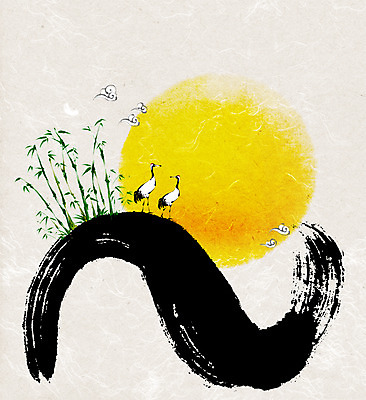 PSD 나무 식물 동물 백그라운드 일러스트 조류 새해 사람없음 학 보름달 달 대나무 국내일러스트 자연요소 파일형식