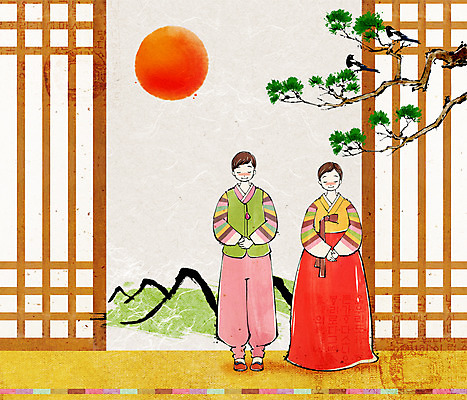 전신 PSD 나무 식물 여자 명절 남자 어린이 백그라운드 일러스트 새해 산 서기 미소 웃음 사람 소녀 소년 두명 설날 태양 문 새해인사 소나무 전통의상 한복 문살 어린이만 국내일러스트 자연요소 한국전통 전통 기념일 모션 표정 인사 파일형식