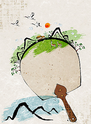 PSD 나무 식물 동물 백그라운드 일러스트 조류 사슴 새해 산 주택 초가집 사람없음 태양 학 소나무 부채 국내일러스트 자연요소 포유류 한옥 건물 파일형식