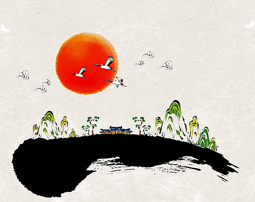 PSD 나무 동물 백그라운드 일러스트 조류 새해 산 주택 기와집 사람없음 태양 학 소나무 국내일러스트 자연요소 식물 한옥 건물 파일형식